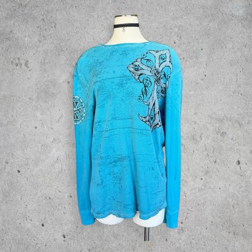 Deadstock Y2K ‘Redemption’ Blue Long Sleeve Thermal Top w/ Cross Graphic- L/M
